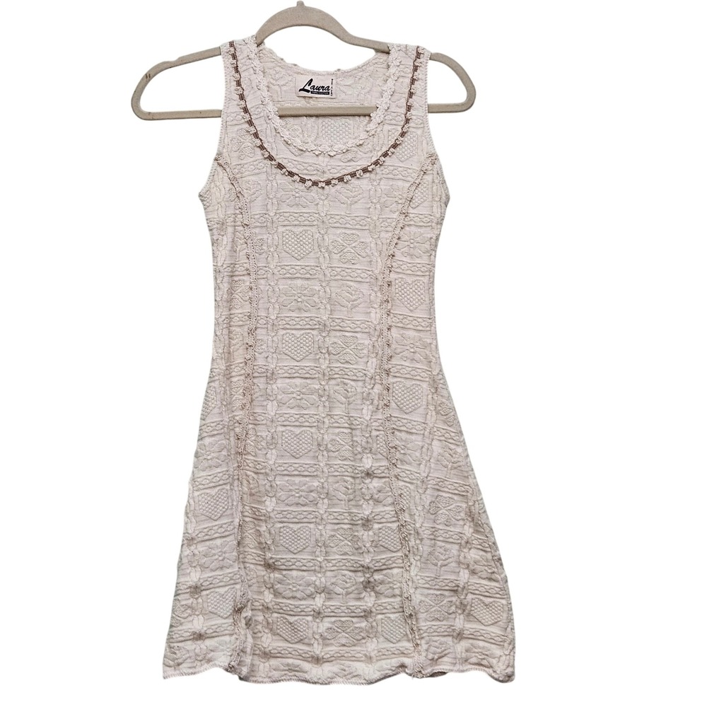Laura Knit Dress Womens S Cream Cotton Textured Heart Flower Cottagecore Boho